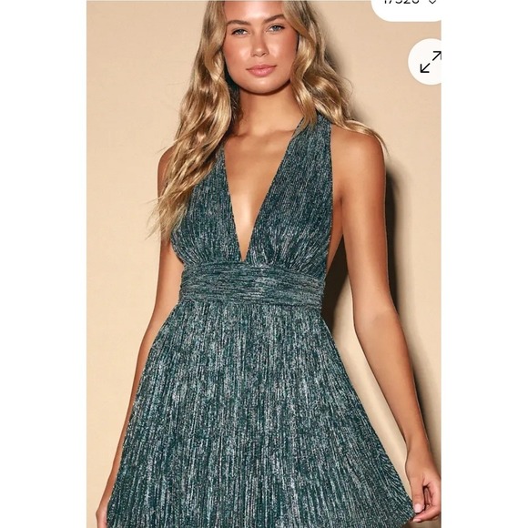 Lulus Womens Plissé Metallic Mini Dress Green Party Cocktail Size M - Picture 1 of 6